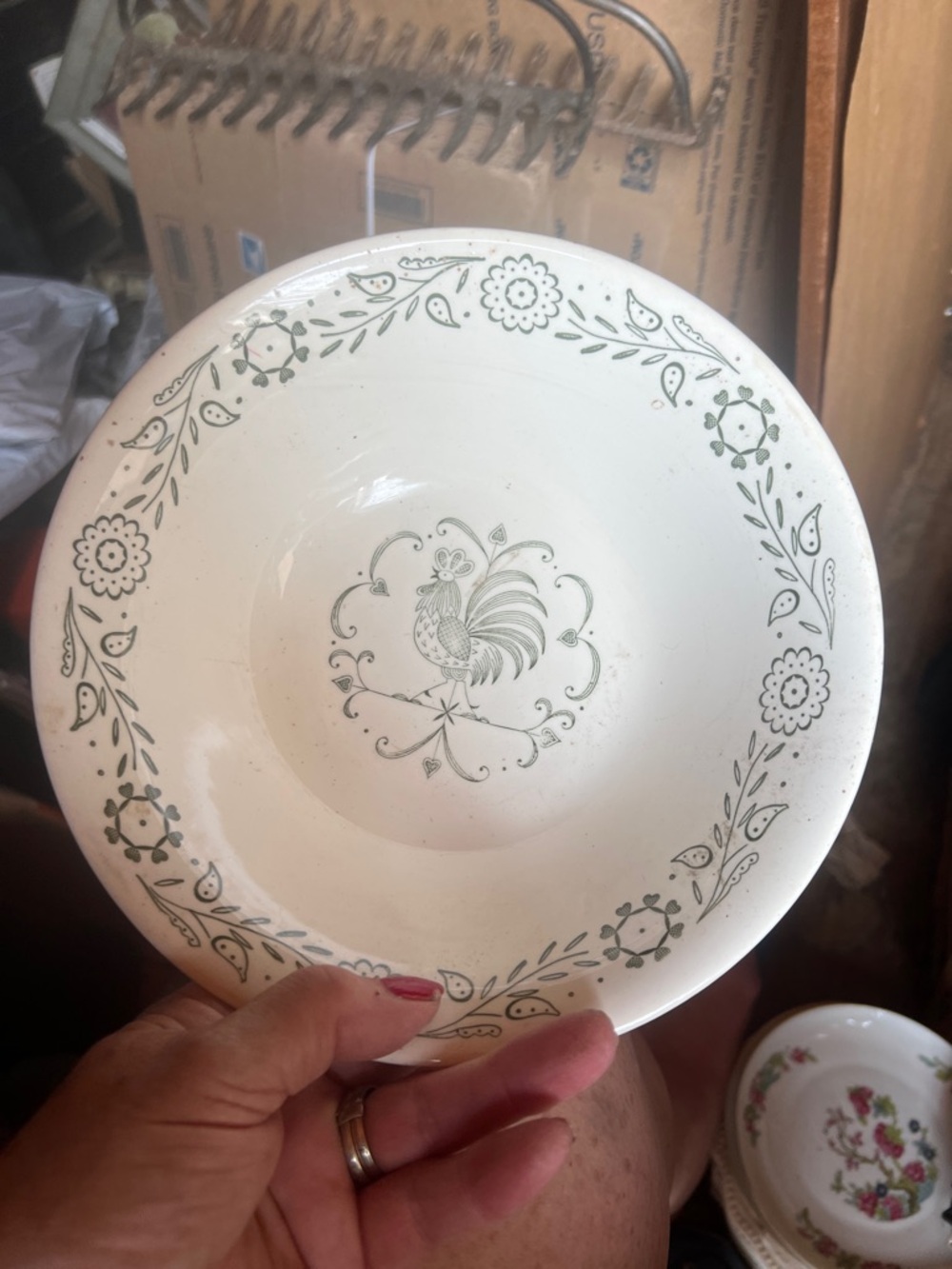 Source Unknown White Bowl with Green Rooster and Floral Border